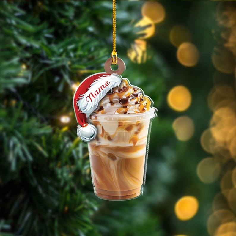 Personalized Caramel Iced Latte Ornament, Custom Name Santa Hat Coffee Drink Christmas Ornament, Holiday Tree Decoration for Coffee Lovers
