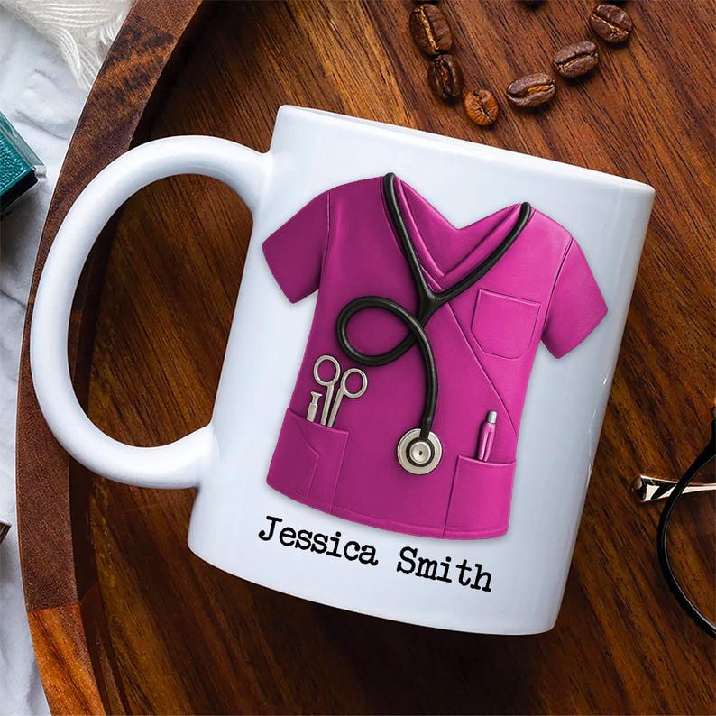 Personalized Scrubs Nurse Mug, 3D Effect Nurse Scrubs Mug, Christmas Mug With Name And Stethoscope, Physician Keepsake Gift, Nurse Uniform
