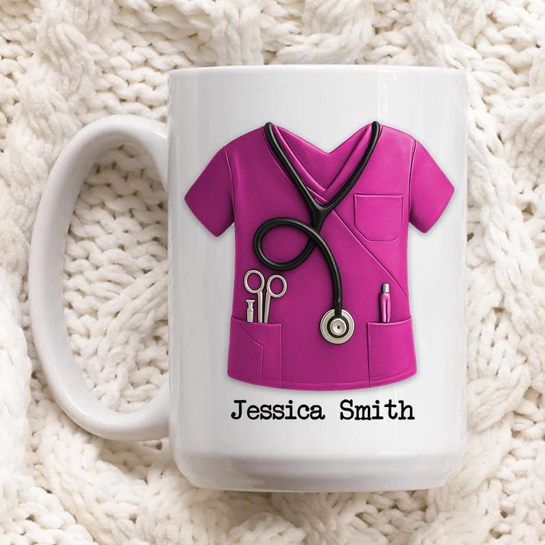 Personalized Scrubs Nurse Mug, 3D Effect Nurse Scrubs Mug, Christmas Mug With Name And Stethoscope, Physician Keepsake Gift, Nurse Uniform