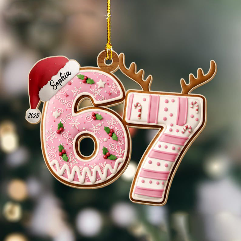 Custom Name 67 Acrylic Ornament, Six Seven Ornament, Personalized Christmas Ornament with Lights and Santa Hat, Fun Christmas Decoration