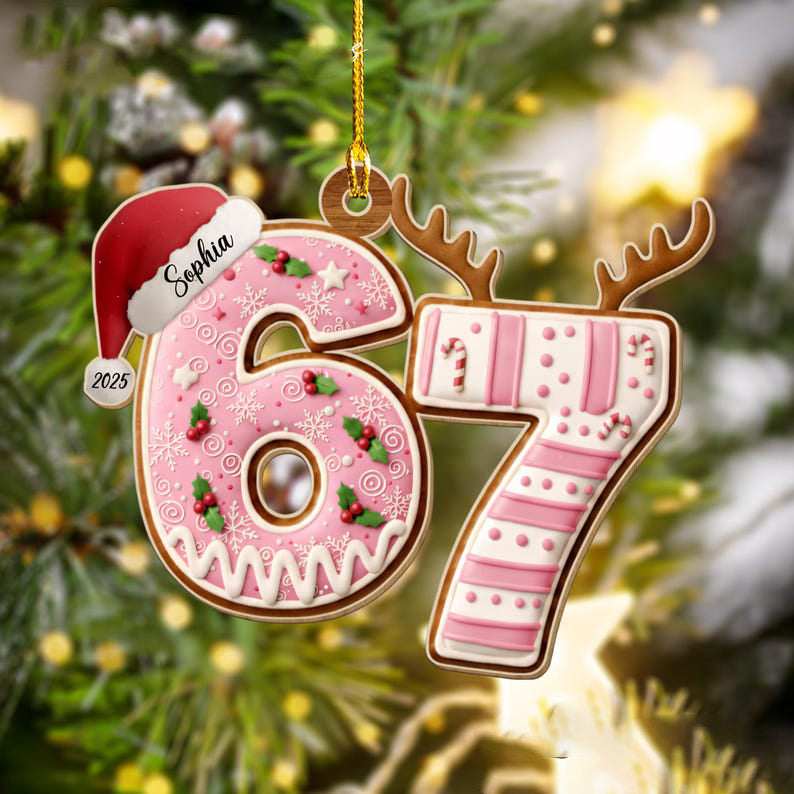 Custom Name 67 Acrylic Ornament, Six Seven Ornament, Personalized Christmas Ornament with Lights and Santa Hat, Fun Christmas Decoration