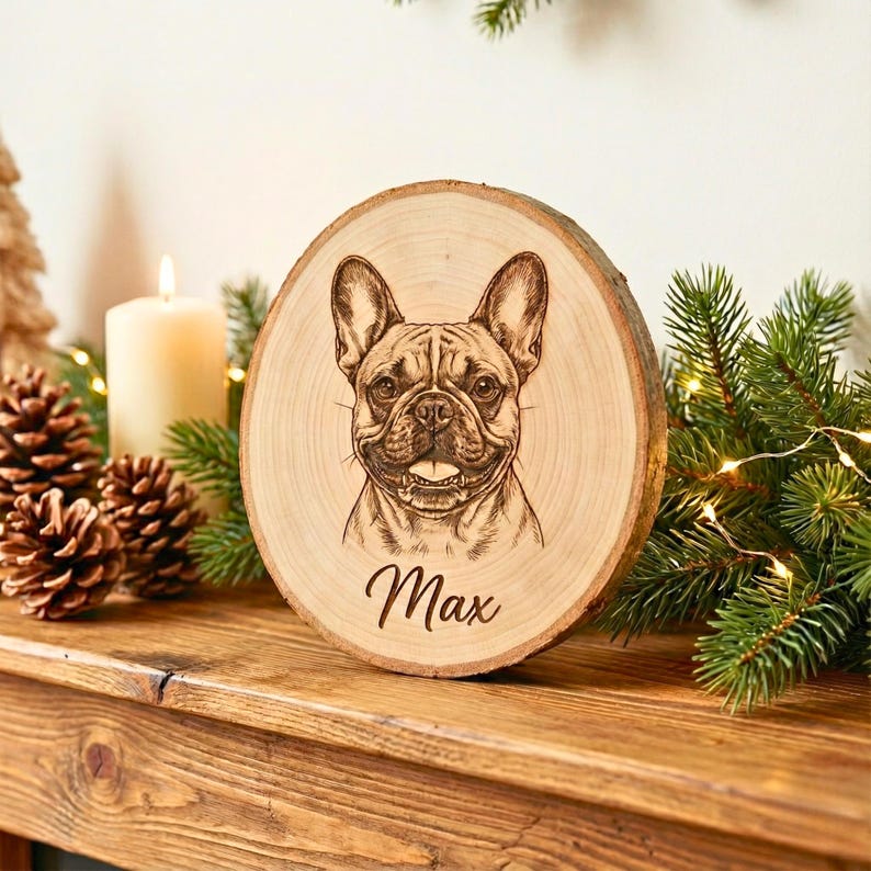 Pet Memorial Plaque - Personalized Dog photo engraved live edge wood slab Custom Pet Tribute