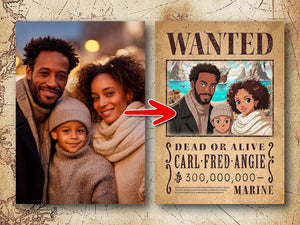 Custom Anime Wanted Poster: Personalized Pirate Portrait, Gift For Couple, Family, Anniversary Gift