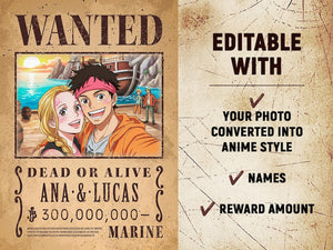 Custom Anime Wanted Poster: Personalized Pirate Portrait, Gift For Couple, Family, Anniversary Gift