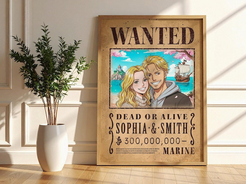 Custom Anime Wanted Poster: Personalized Pirate Portrait, Gift For Couple, Family, Anniversary Gift