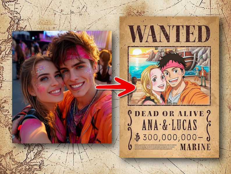 Custom Anime Wanted Poster: Personalized Pirate Portrait, Gift For Couple, Family, Anniversary Gift