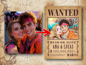 Custom Anime Wanted Poster: Personalized Pirate Portrait, Gift For Couple, Family, Anniversary Gift