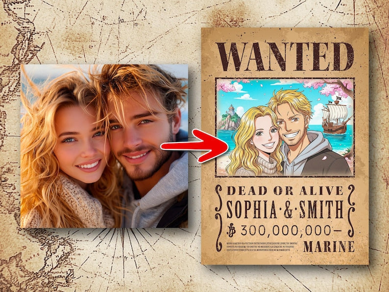 Custom Anime Wanted Poster: Personalized Pirate Portrait, Gift For Couple, Family, Anniversary Gift