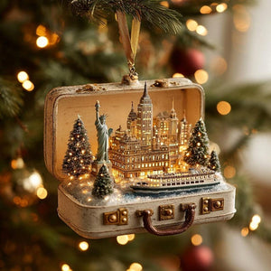 Personalized New York City Ornament | Custom Travel Suitcase Diorama | NYC Skyline Christmas Decor | Unique Holiday Keepsake Gift