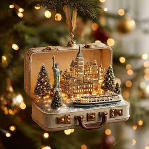 Personalized New York City Ornament | Custom Travel Suitcase Diorama | NYC Skyline Christmas Decor | Unique Holiday Keepsake Gift