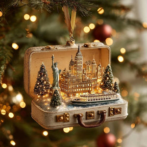 Personalized New York City Ornament | Custom Travel Suitcase Diorama | NYC Skyline Christmas Decor | Unique Holiday Keepsake Gift