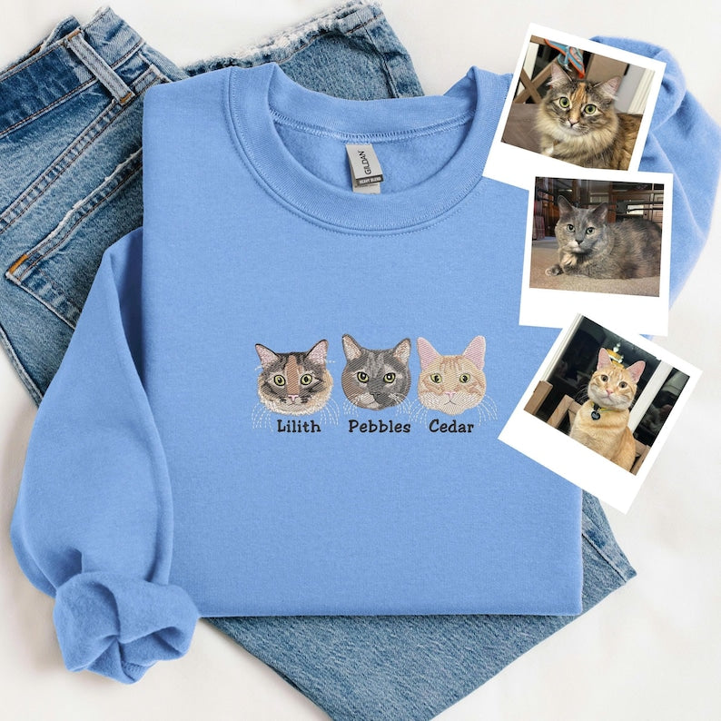 Custom Dog Face Embroidered Sweatshirt or Hoodie, Custom Pet Gift, Dog &Cat Mom Gift, Pet Memorial Gift, Up to 6 Pets