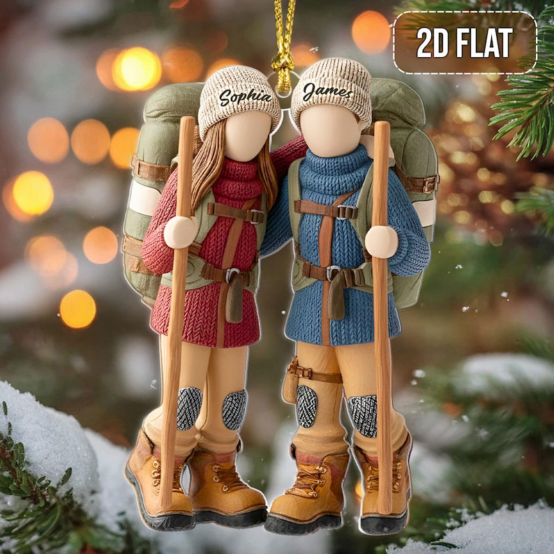 Faux Wood Personalized Hiking Acrylic Ornament, Custom Hiking Lovers Christmas Ornament, Camping Lover Gift, Christmas Gift For Hiking Club