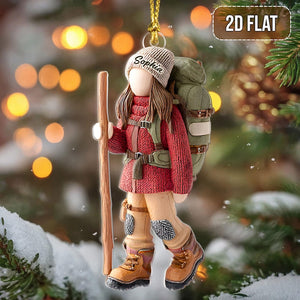 Faux Wood Personalized Hiking Acrylic Ornament, Custom Hiking Lovers Christmas Ornament, Camping Lover Gift, Christmas Gift For Hiking Club