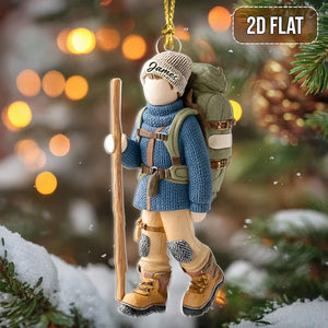 Faux Wood Personalized Hiking Acrylic Ornament, Custom Hiking Lovers Christmas Ornament, Camping Lover Gift, Christmas Gift For Hiking Club