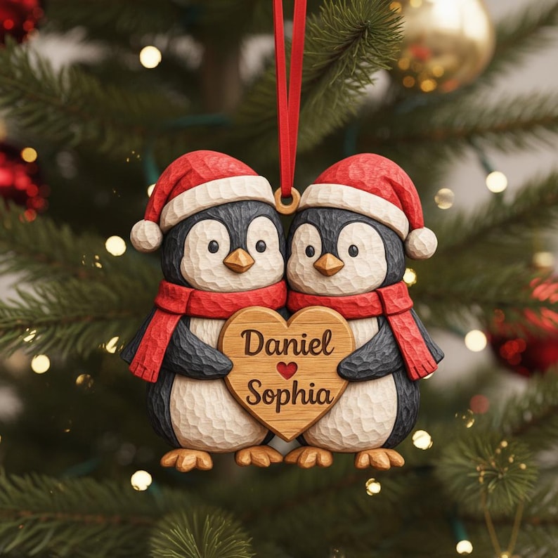 Personalized Penguin Couple Wood Ornament, Custom Name Christmas Gift for Couple, Couples First Christmas Gift, Rustic Love Keepsake 2025