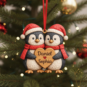 Personalized Penguin Couple Wood Ornament, Custom Name Christmas Gift for Couple, Couples First Christmas Gift, Rustic Love Keepsake 2025