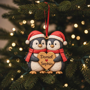 Personalized Penguin Couple Wood Ornament, Custom Name Christmas Gift for Couple, Couples First Christmas Gift, Rustic Love Keepsake 2025