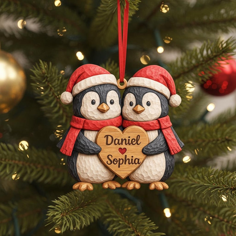 Personalized Penguin Couple Wood Ornament, Custom Name Christmas Gift for Couple, Couples First Christmas Gift, Rustic Love Keepsake 2025