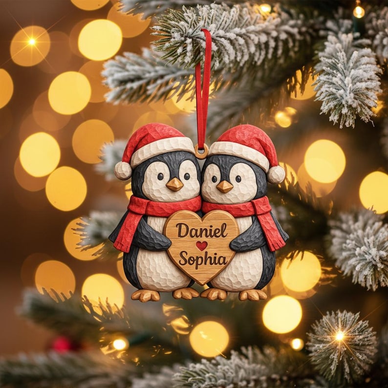 Personalized Penguin Couple Wood Ornament, Custom Name Christmas Gift for Couple, Couples First Christmas Gift, Rustic Love Keepsake 2025