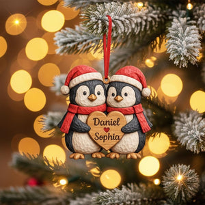 Personalized Penguin Couple Wood Ornament, Custom Name Christmas Gift for Couple, Couples First Christmas Gift, Rustic Love Keepsake 2025