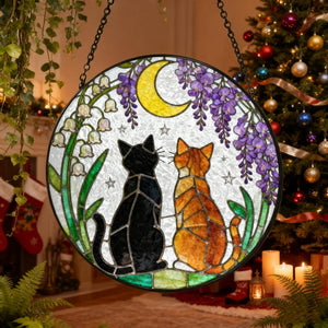 Charming Black Orange Cat Couple Garden Suncatcher Tabby Cat Stained Glass Window Hanging Glass Moon Ornament Mom Gift