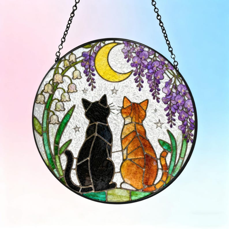 Charming Black Orange Cat Couple Garden Suncatcher Tabby Cat Stained Glass Window Hanging Glass Moon Ornament Mom Gift