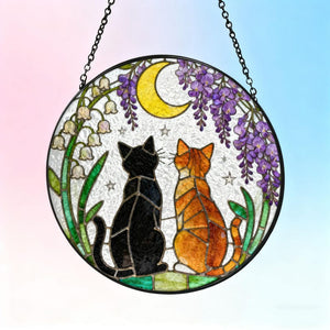Charming Black Orange Cat Couple Garden Suncatcher Tabby Cat Stained Glass Window Hanging Glass Moon Ornament Mom Gift