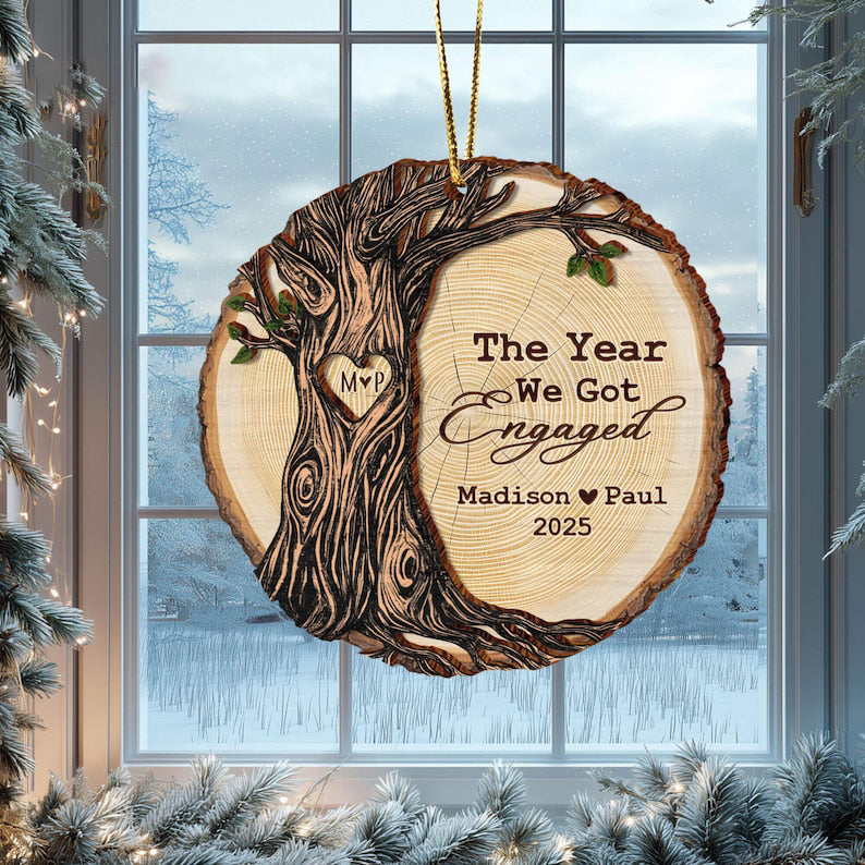 Personalized Engaged Gift, Engagement Wood Christmas Ornament, Engagement Ornament with Names & Date, Newlywed Gift For Couple, Couple Gifts