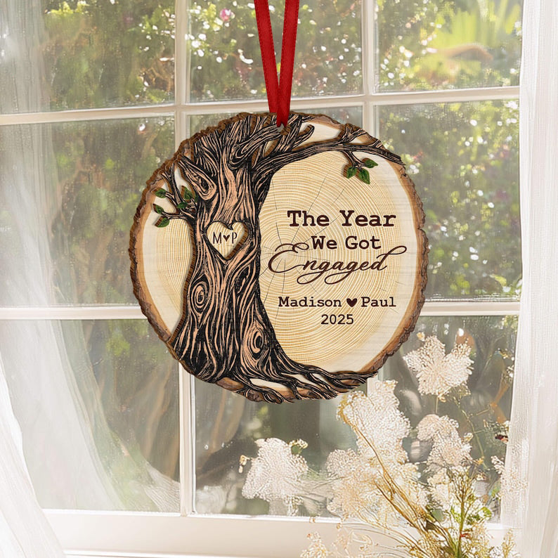 Personalized Engaged Gift, Engagement Wood Christmas Ornament, Engagement Ornament with Names & Date, Newlywed Gift For Couple, Couple Gifts