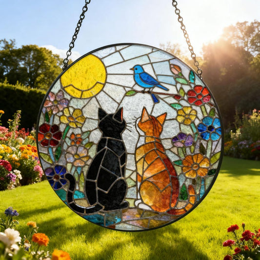Charming Black Orange Cat Couple Garden Suncatcher Tabby Cat Stained Glass Window Hanging Glass Moon Ornament Mom Gift
