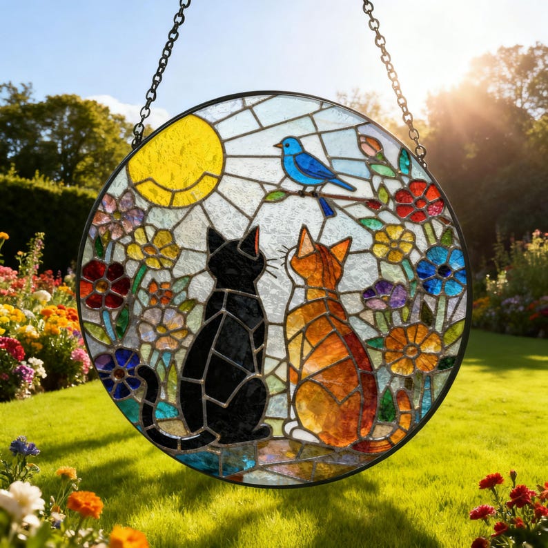 Charming Black Orange Cat Couple Garden Suncatcher Tabby Cat Stained Glass Window Hanging Glass Moon Ornament Mom Gift