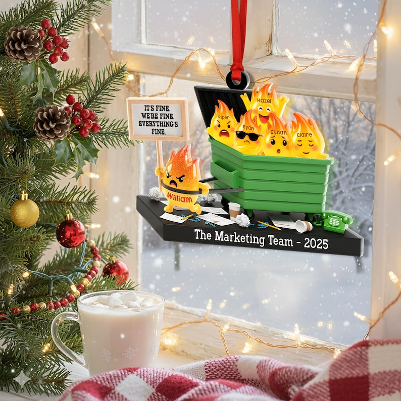 Personalized Dumpster Fire Ornament 2025, Custom Name Team Decor, Funny Office Christmas Bauble, Unique Holiday Gift Idea