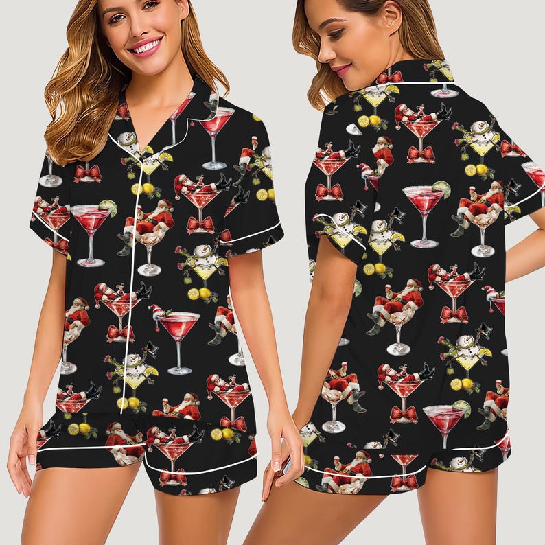 Funny Santa Christmas Pajamas for Women, Cocktail Print Sleepwear