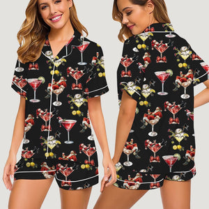 Funny Santa Christmas Pajamas for Women, Cocktail Print Sleepwear