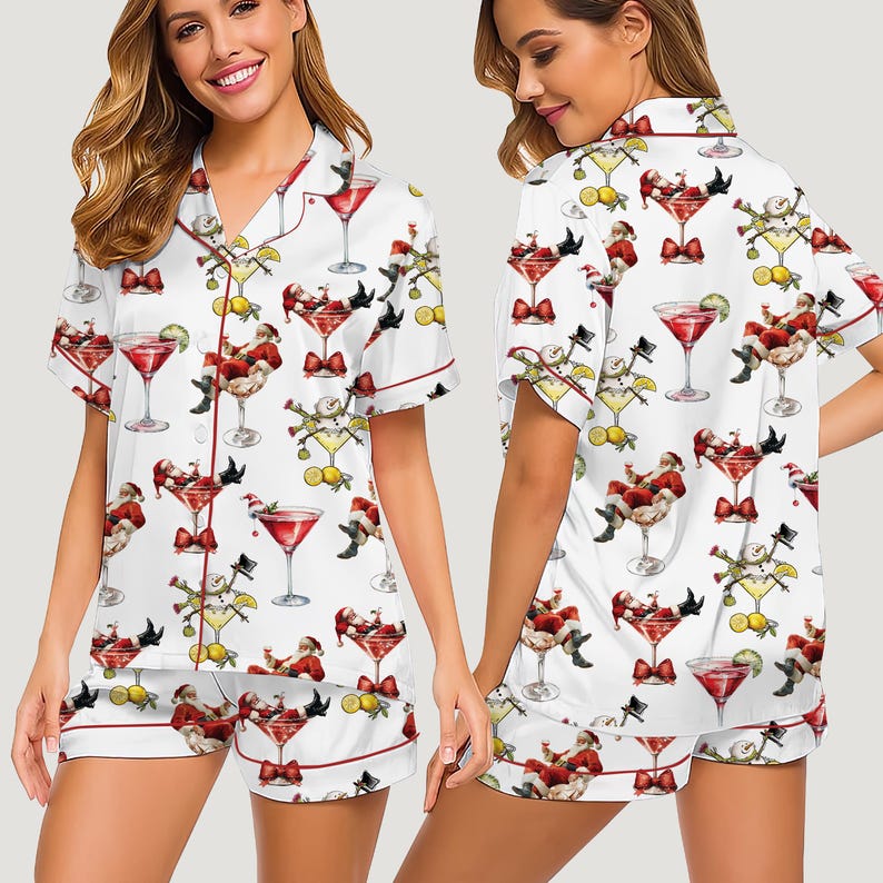 Funny Santa Christmas Pajamas for Women, Cocktail Print Sleepwear