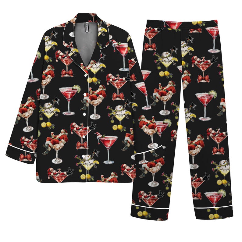 Funny Santa Christmas Pajamas for Women, Cocktail Print Sleepwear