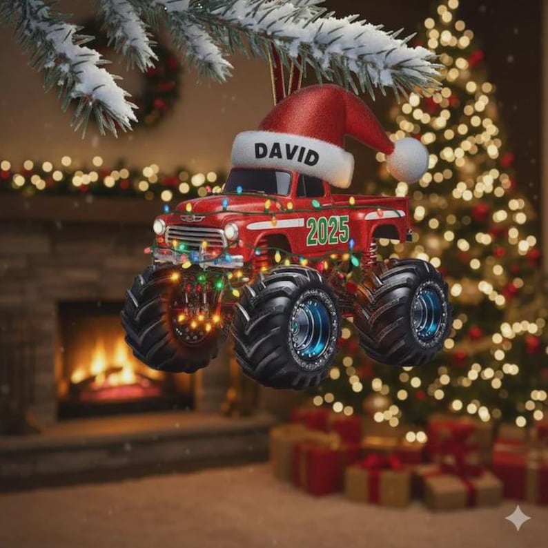 Personalized Christmas Monster Truck Ornament, Custom Name 2025, Holiday Decor for Car Lovers, Customizable Christmas Gift