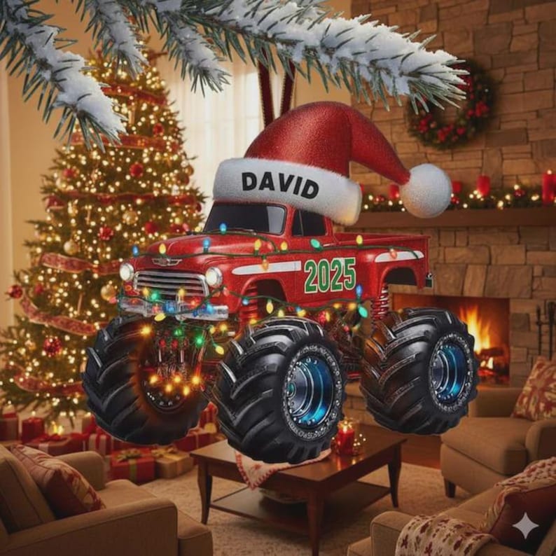 Personalized Christmas Monster Truck Ornament, Custom Name 2025, Holiday Decor for Car Lovers, Customizable Christmas Gift