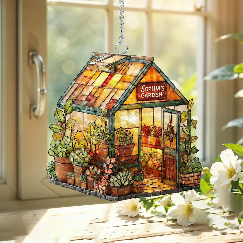 Personalized Name Greenhouse Acrylic Suncatcher, Plant Ornament, Gift for Plantaholic, Plant Lovers Gift