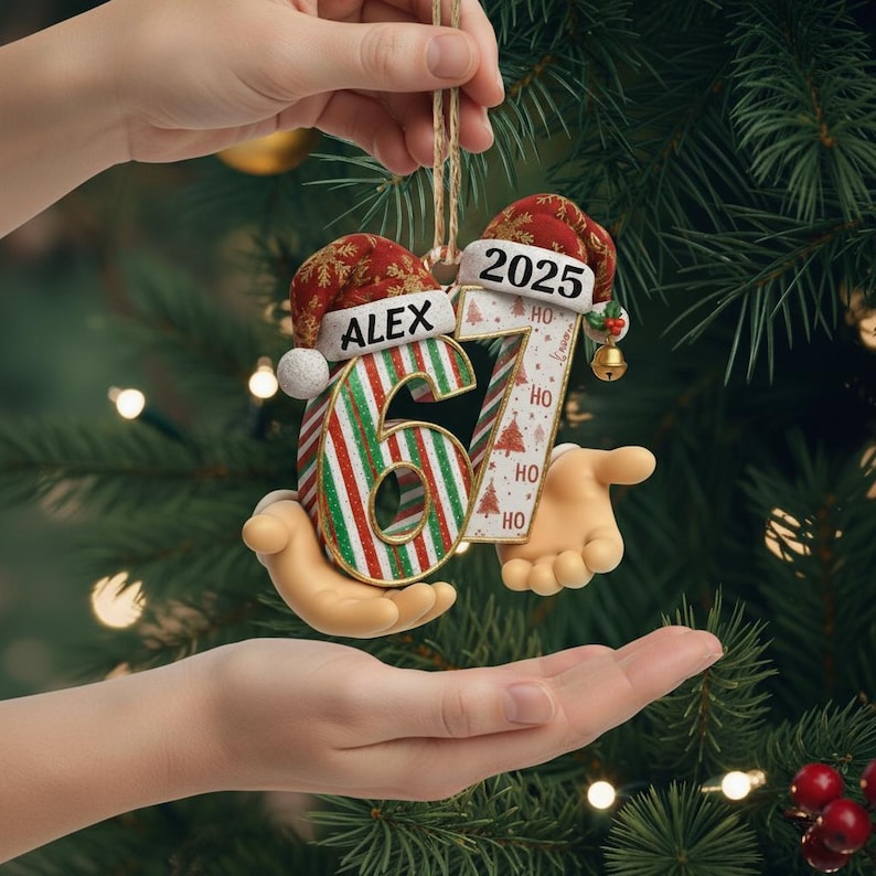 Personalized 67 Ornament 2025 Funny Handheld Acrylic 2D flat Ornament Custom Name Christmas Ornament Trendy Six Seven Holiday Gift