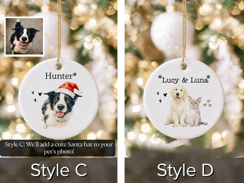 Personalized Watercolor Pet Photo Ornament Custom Dog or Cat Memorial Keepsake