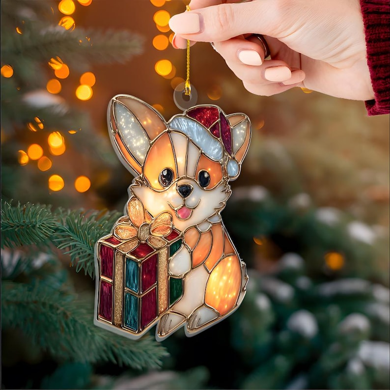 Merry Paws French Bulldog 2D FLAT Acrylic Ornament, Stained Effect Ornament, Holiday Tree Decoration Gift for Pet Lovers and Dog Owners