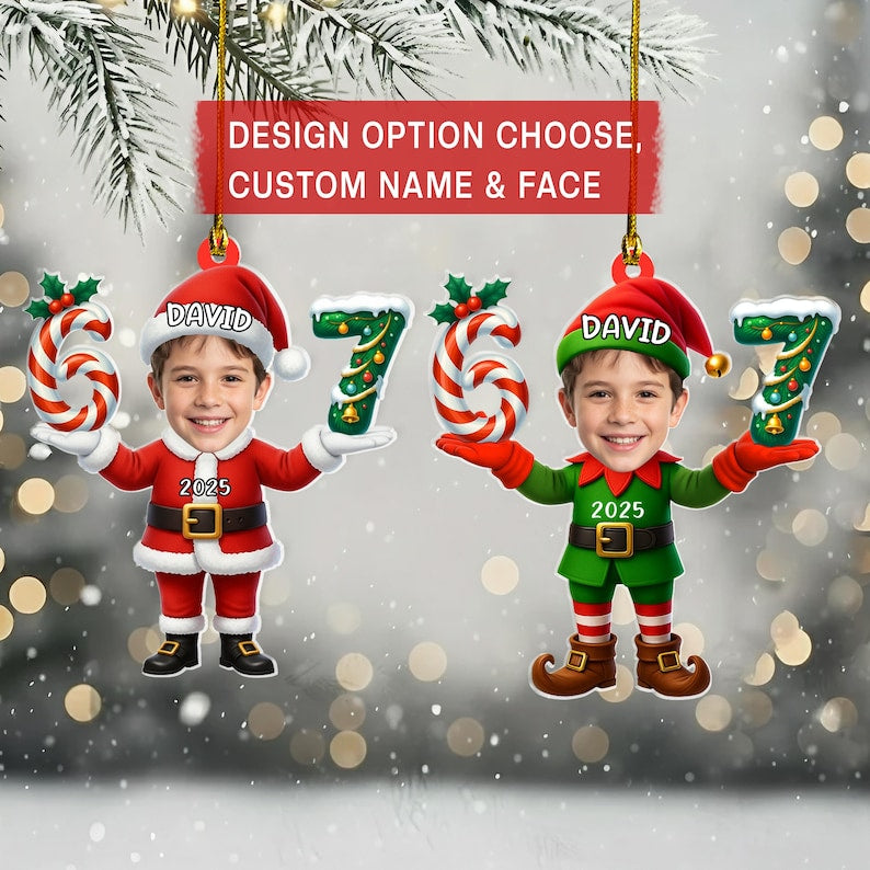 Personalized Santa Elf Photo 67 Ornament, Custom Funny Face Christmas Ornament, Six Seven Meme Ornament, Gen Z Teen Slang Gift