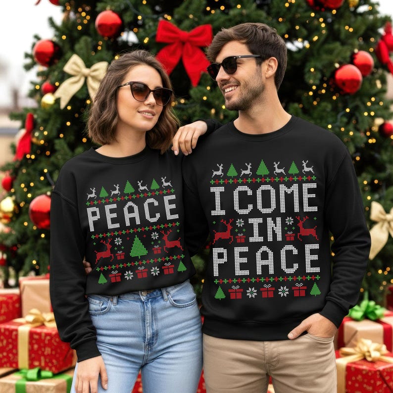 Matching Couples Ugly Christmas Sweater, Come in Peace Couple Christmas Shirt, Funny Xmas Gift