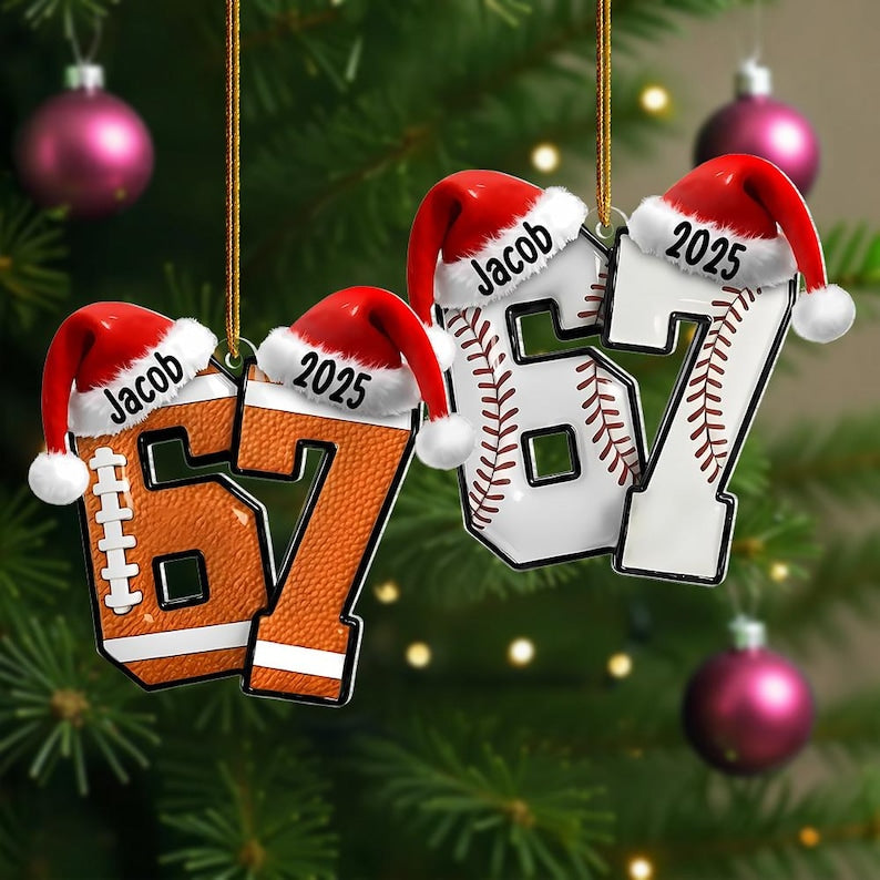 Custom Name 67 Sport Acrylic Ornament, Soccer Baseball Volleyball Basketball Ornament, Six Seven Ornament Gen Alpha Humor, 67 Meme Ornament