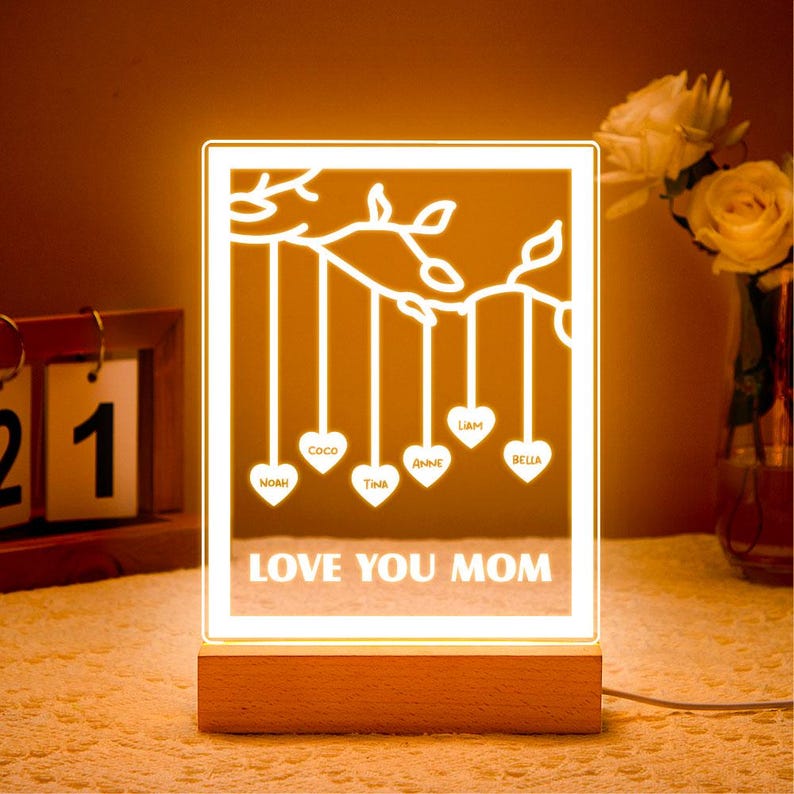 Personalized Mom Gift With Kids Names LED Night Light, Custom Family Tree Love You Mom Lamp, Birthday Gift For Mother From Daughter Son Decor