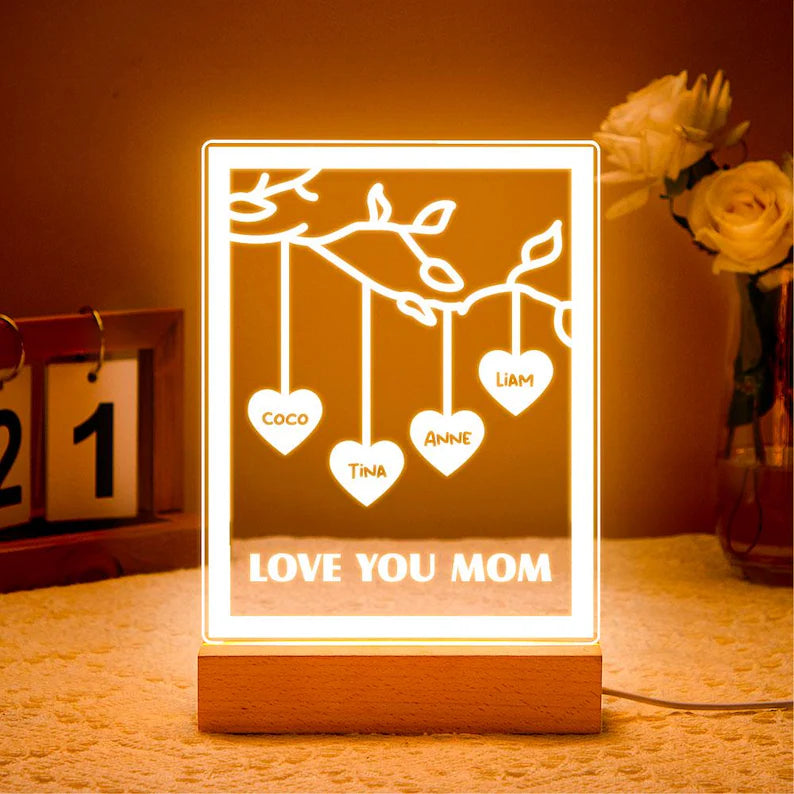 Personalized Mom Gift With Kids Names LED Night Light, Custom Family Tree Love You Mom Lamp, Birthday Gift For Mother From Daughter Son Decor