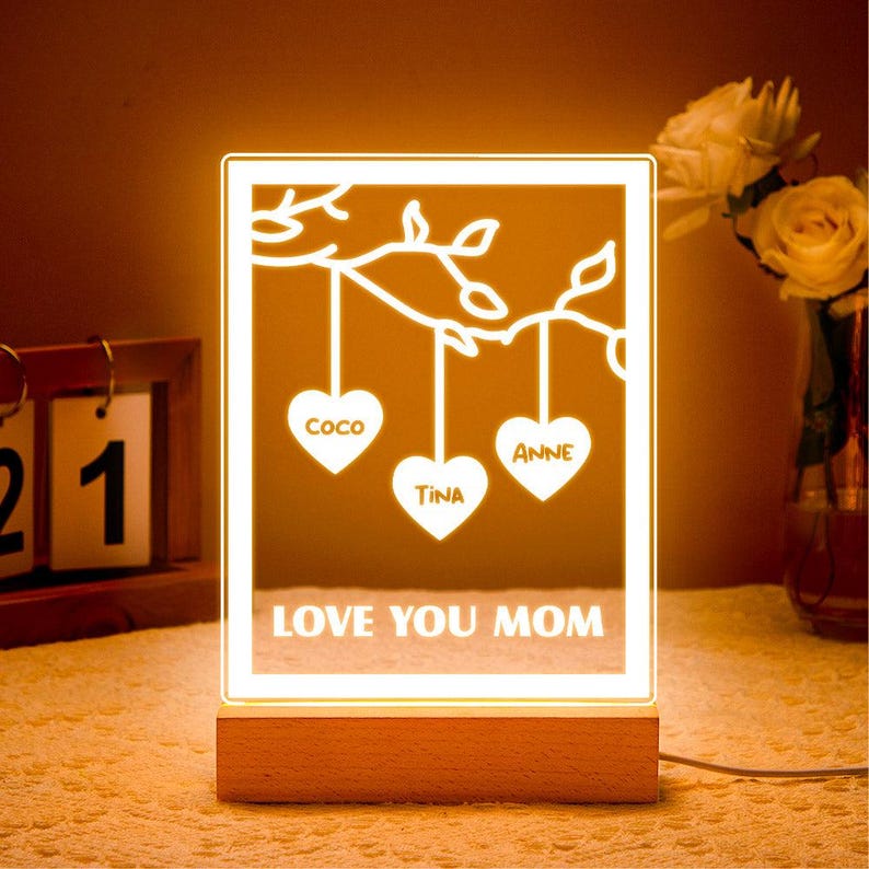 Personalized Mom Gift With Kids Names LED Night Light, Custom Family Tree Love You Mom Lamp, Birthday Gift For Mother From Daughter Son Decor