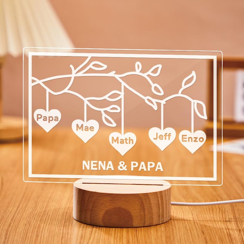 Grandparents Gift From Grandkids LED Night Light, Personalized Family Tree Sign, Nena And Papa Gift Lamp, Custom Names Night Light